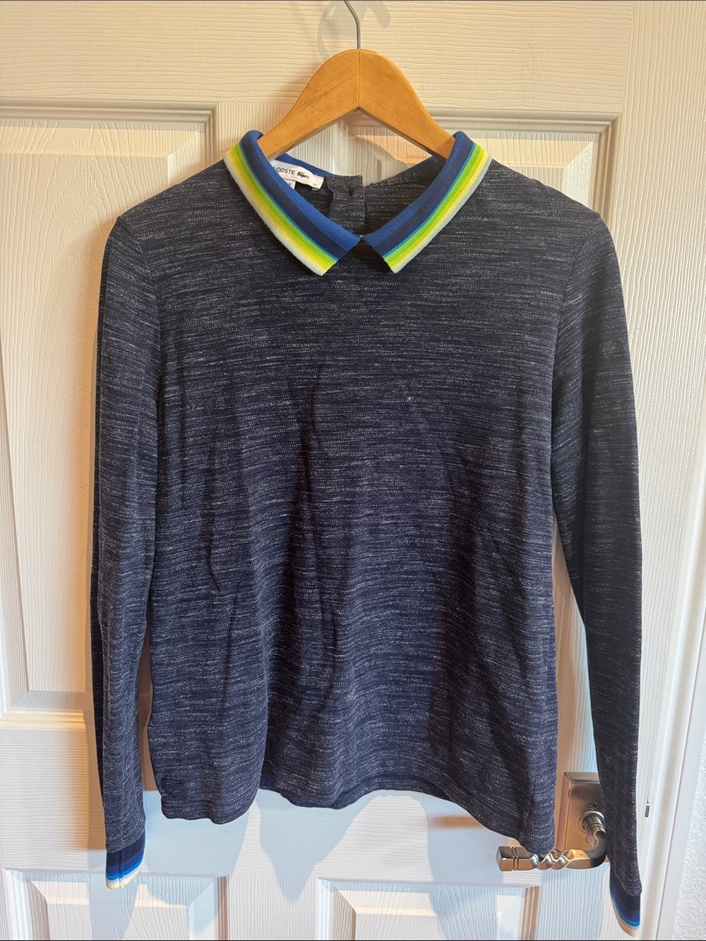 Lacoste Navy Heather Crewneck with Multicolor Striped Collar